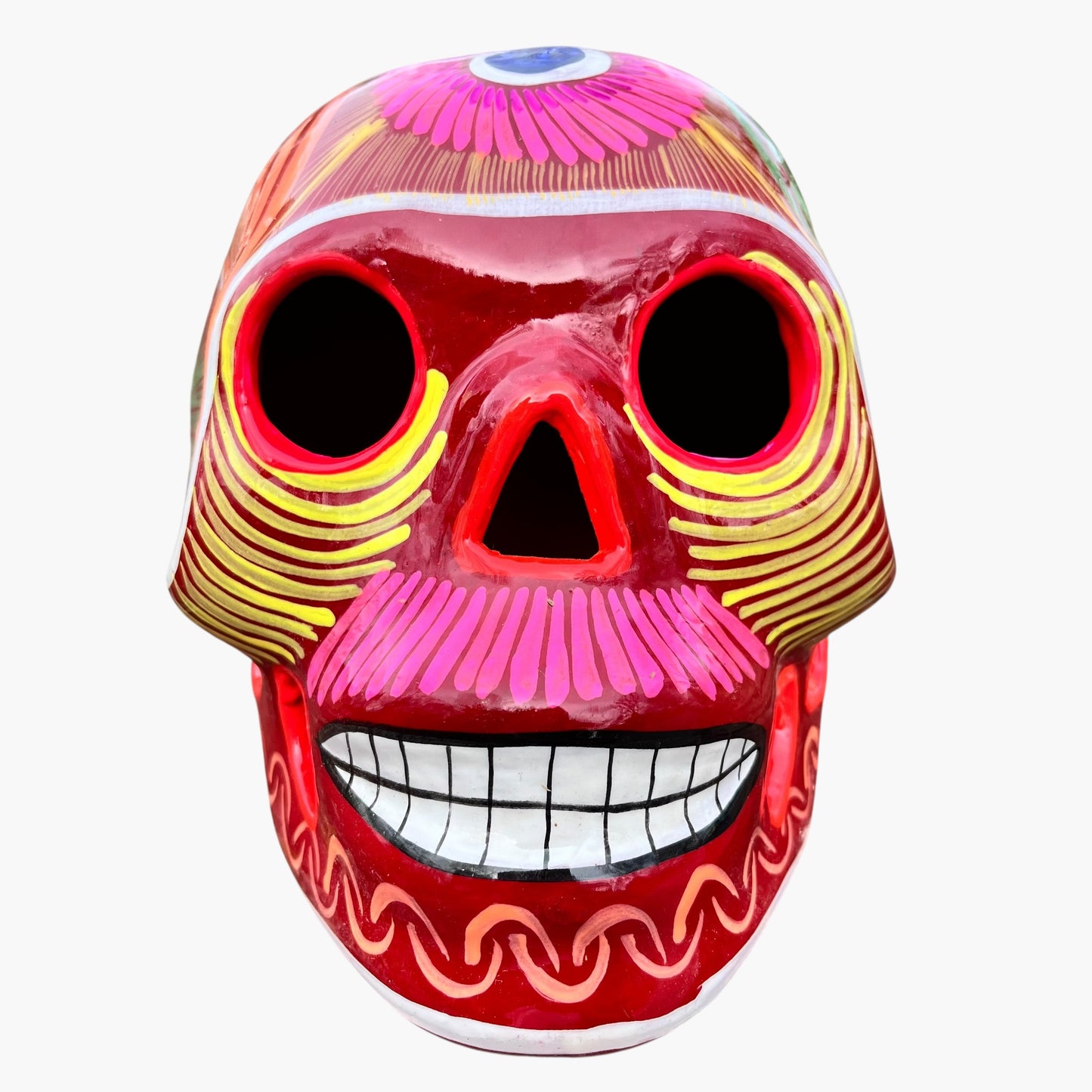 Colorful, Mexican sugar skull red with multicolor designs front view