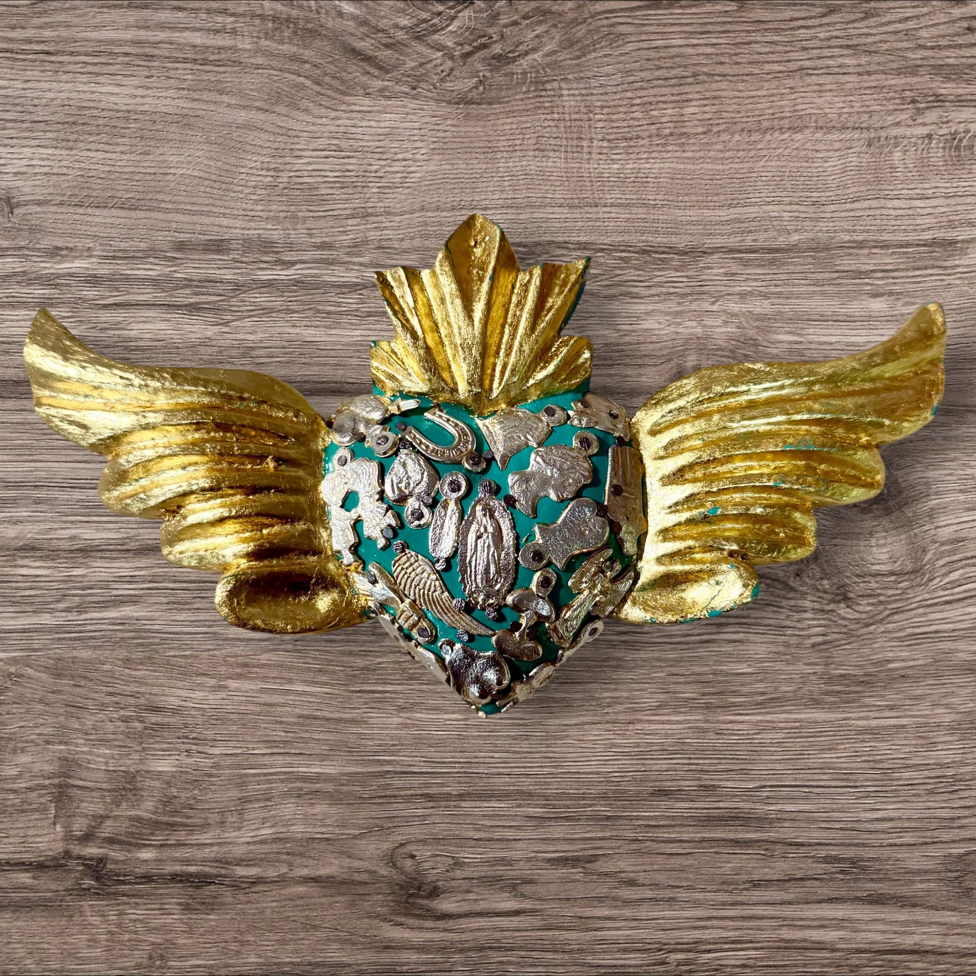 Winged Mexican Milagros Sacred Heart wood wall art Front