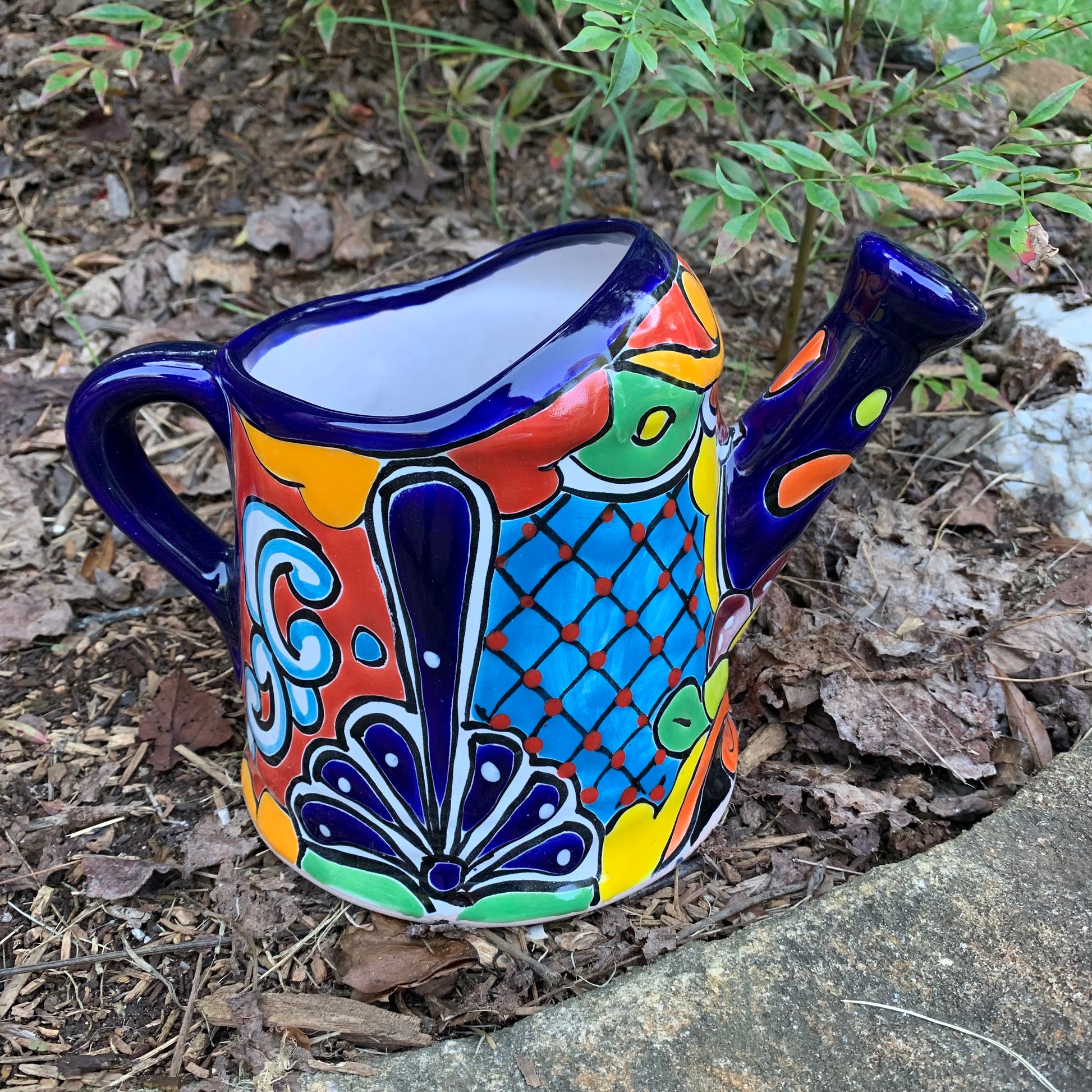 Mexican Talavera watering can planting pot blue three