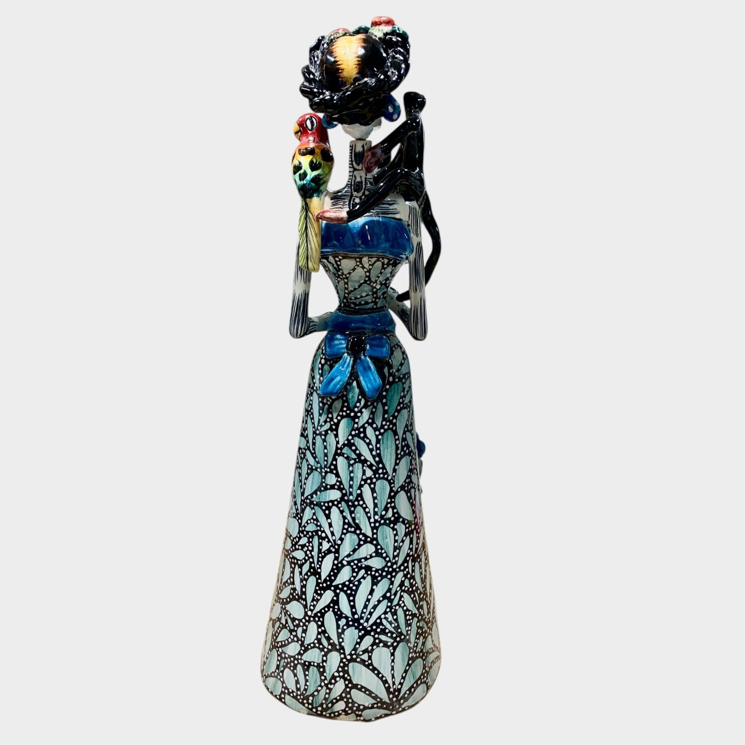 Mexican Talavera Frida, and animal friends Catrina doll back view