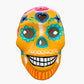 Colorful Mexican Sugar skull with yellow vibrant designs on a white background front view 