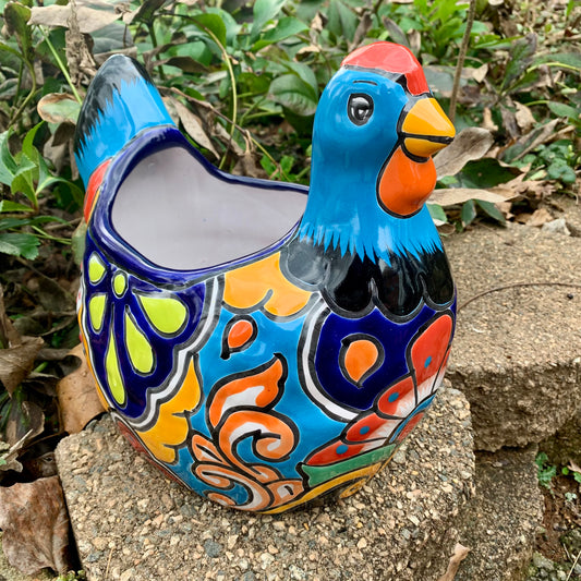 Mexican Talavera chicken planting pot in turquoise multicolor