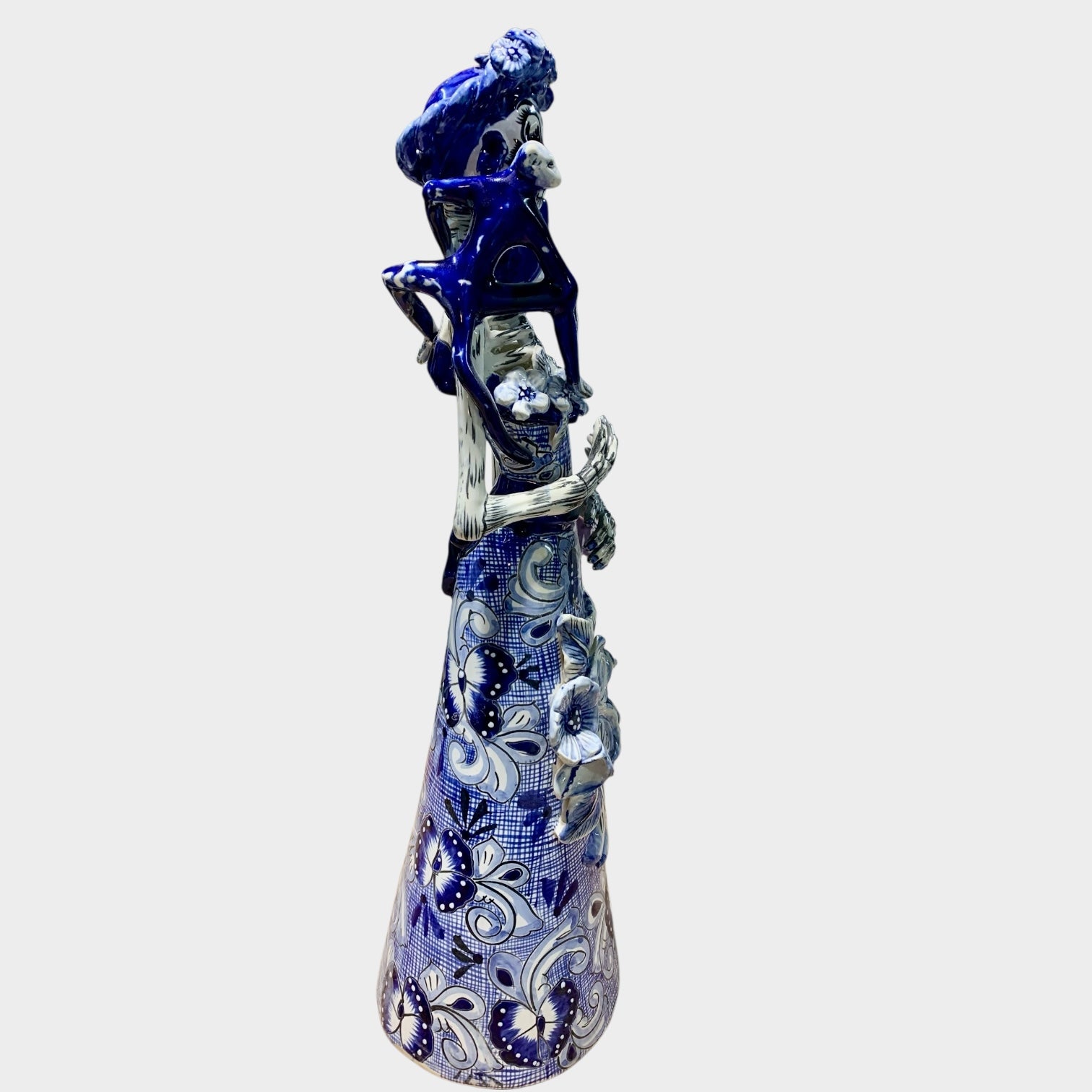 Mexican Talavera Frida, and animal friends Catrina doll blue and white Left side