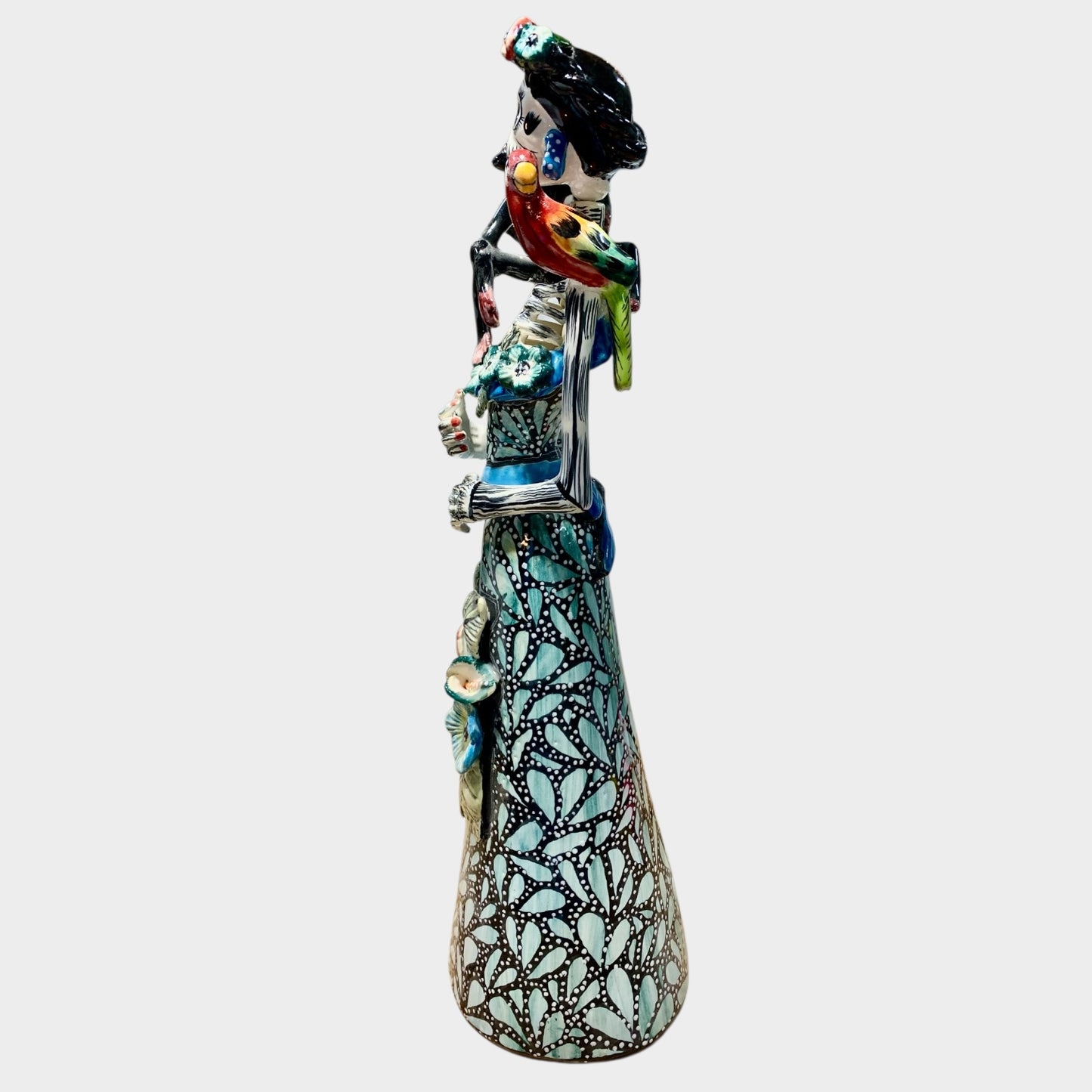 Mexican Talavera Frida, and animal friends Catrina doll side view
