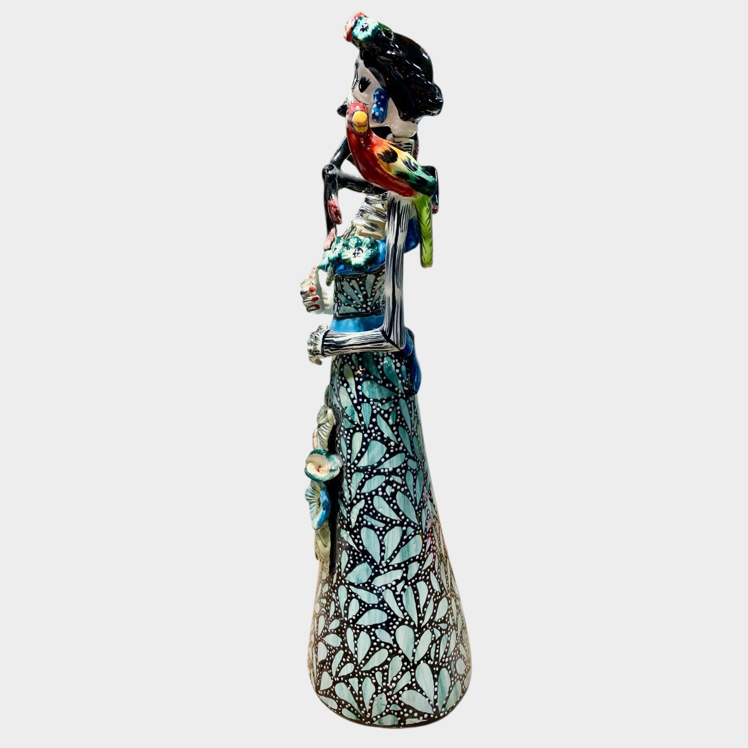 Mexican Talavera Frida, and animal friends Catrina doll side view