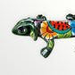 Mexican Talavera wall mounted iguana in dark green with multicolor designs face close-up