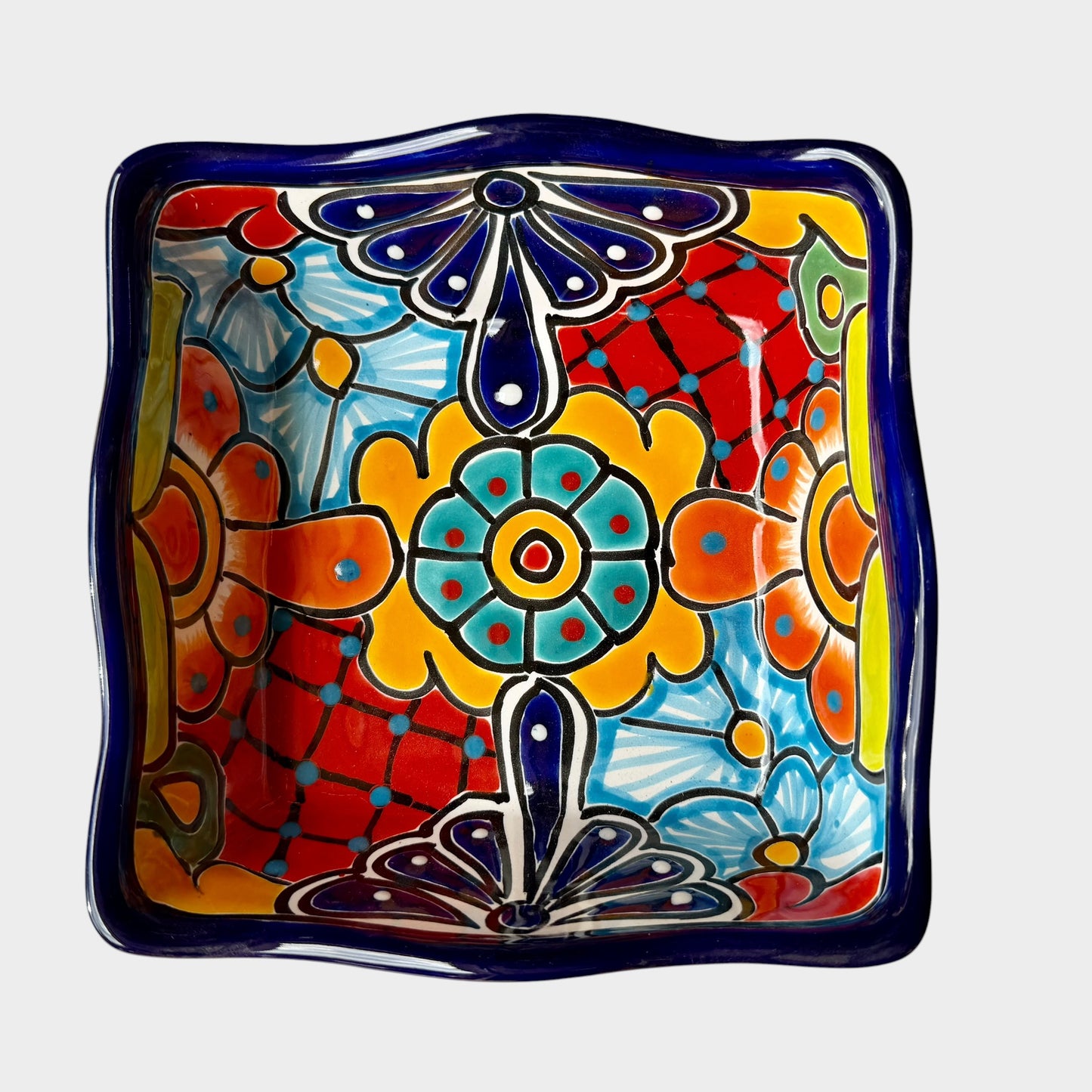 Three colorful talavera square nesting bowls with intricate patterns Medium bowl