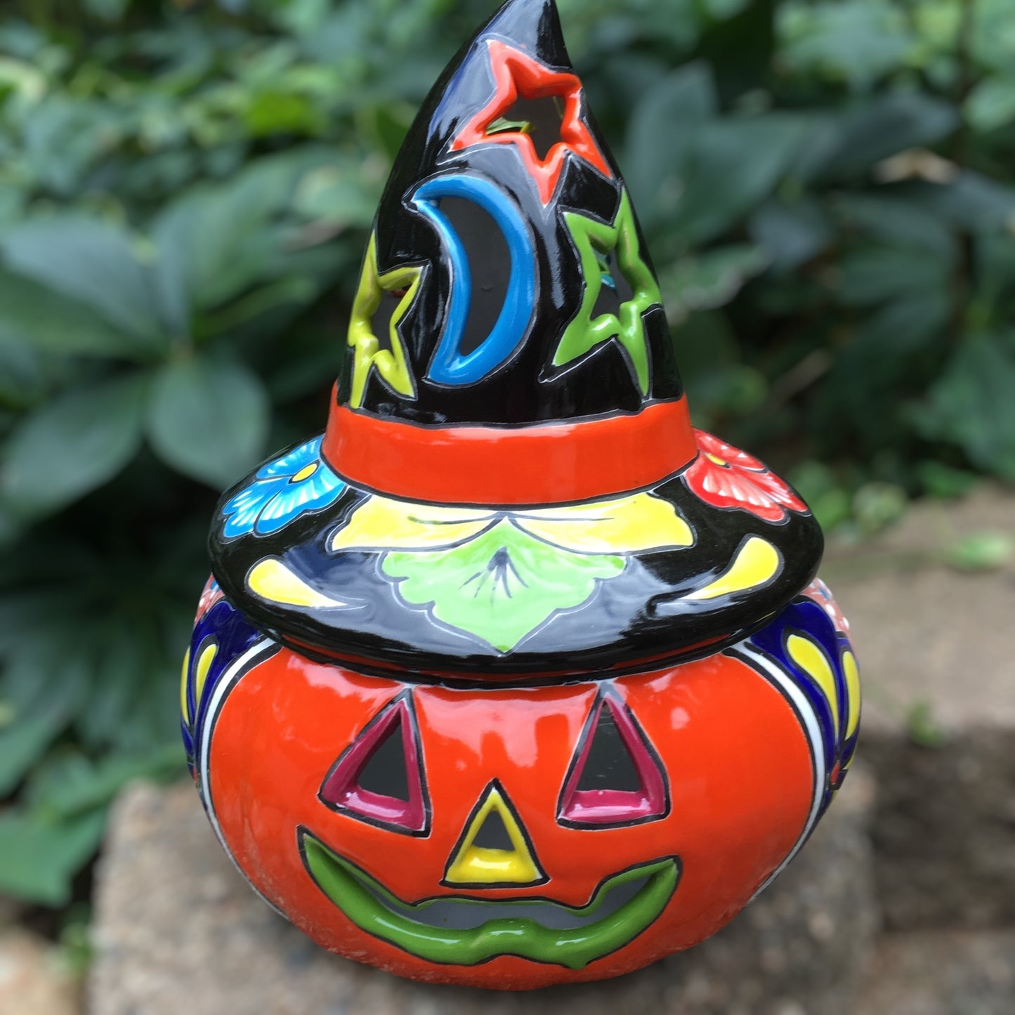 Mexican Talavera pumpkin with witch hat three