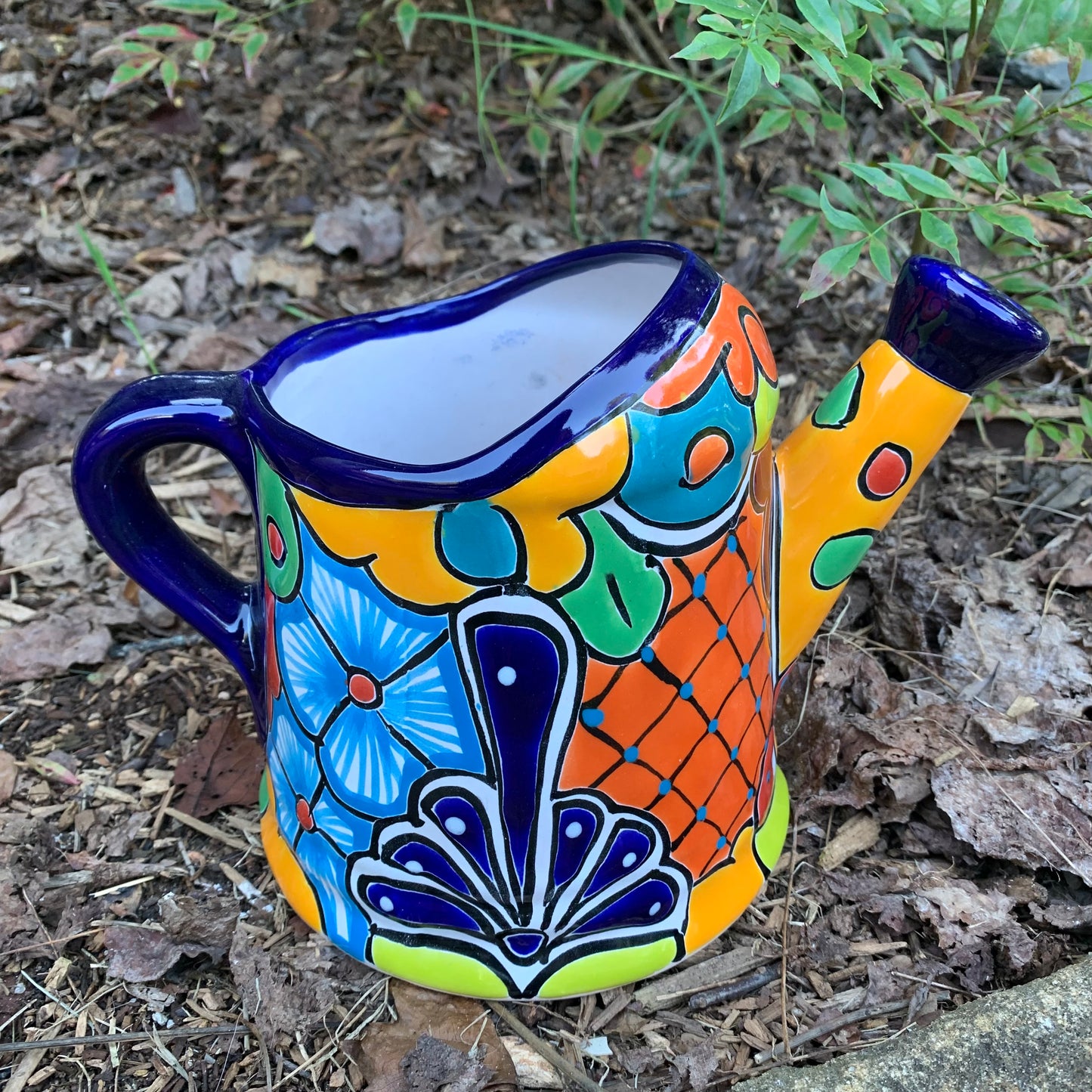 Mexican Talavera watering can planting pot blue four