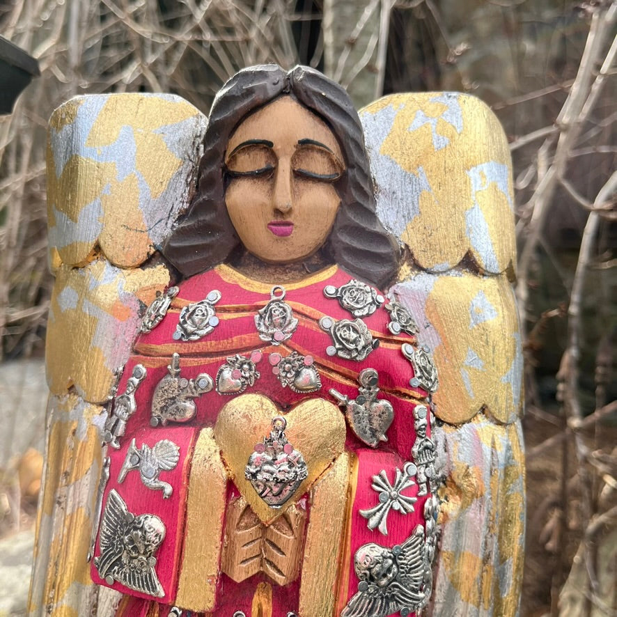 Milagros Wood Guardina Angel Sculpture face close up