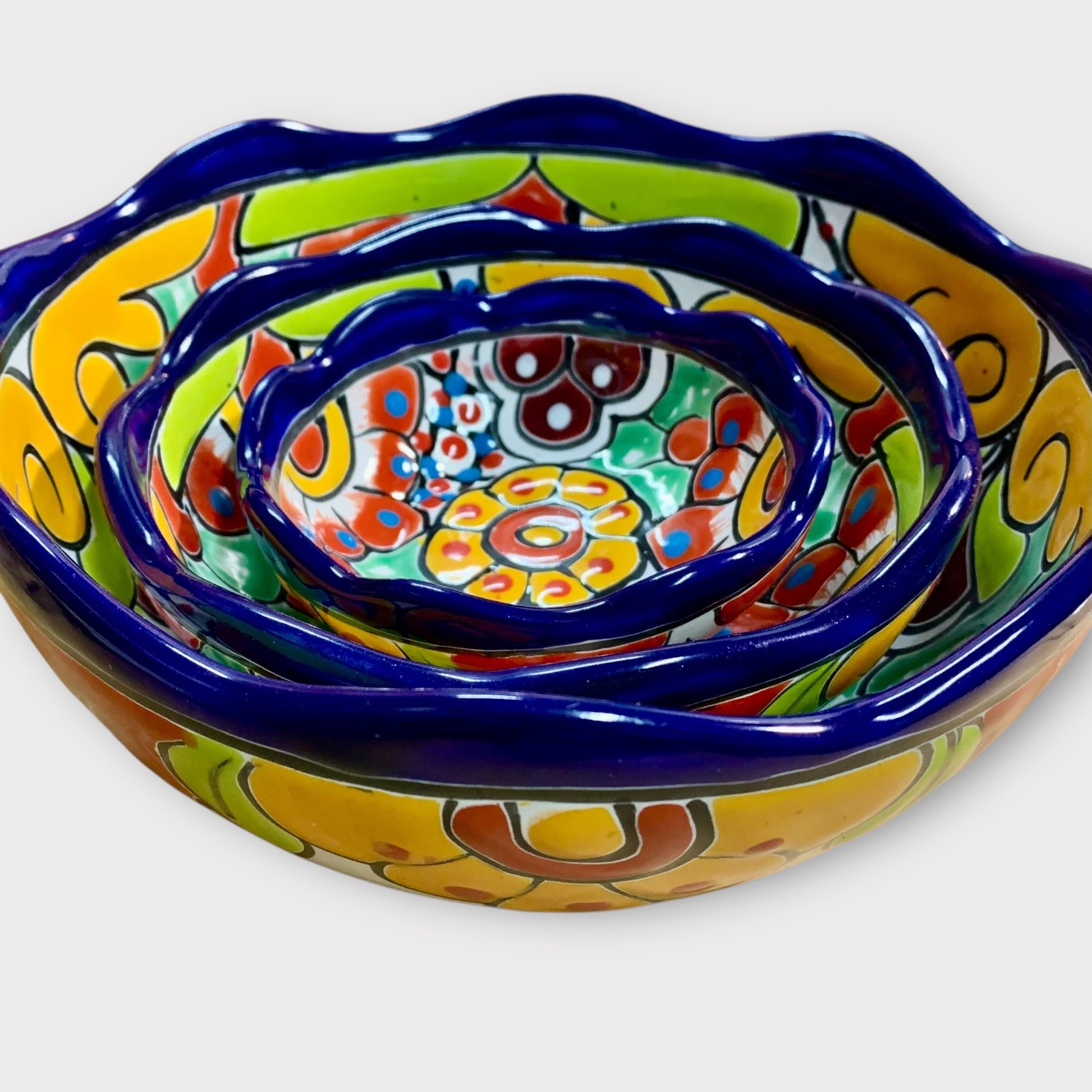 Mexican Talavera Nesting bowl set cobalt top angle