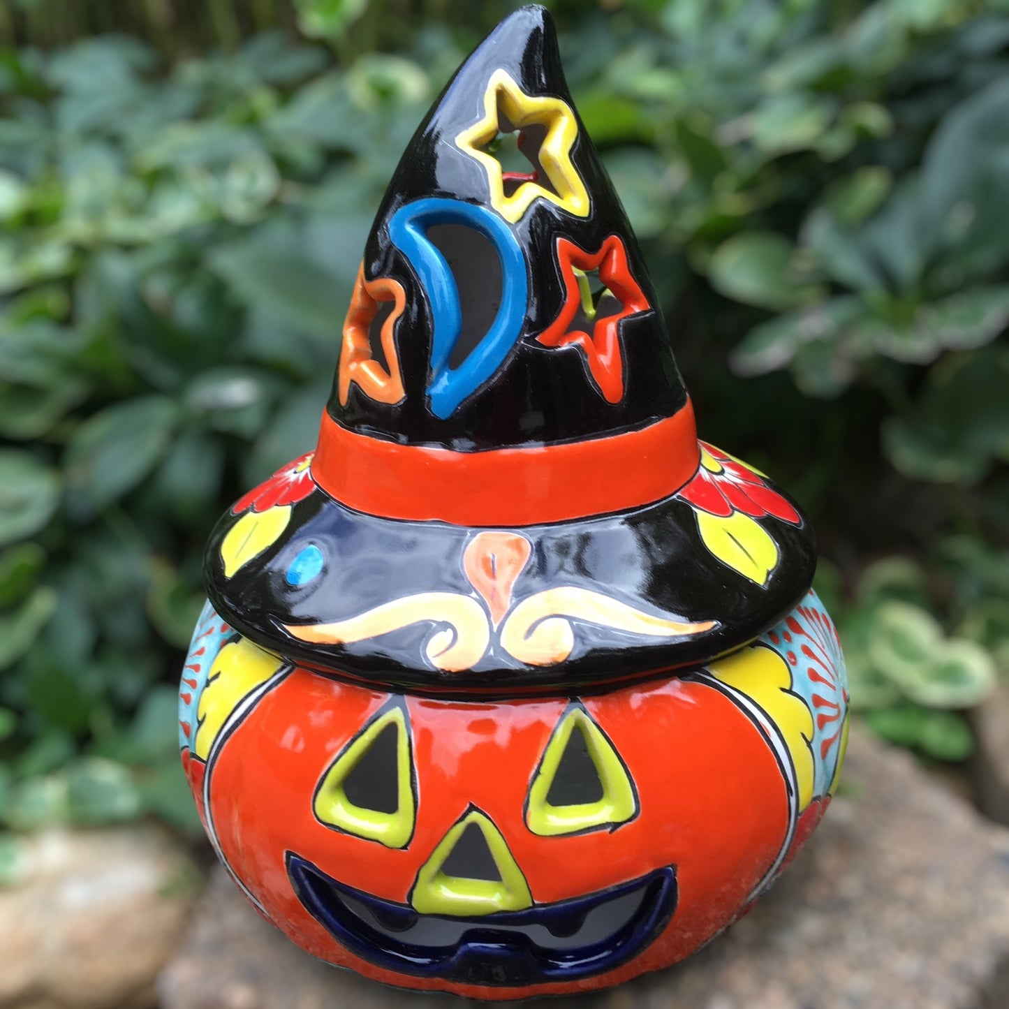Mexican Talavera pumpkin with witch hat one