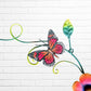 Colorful butterfly and floral design on a white brick wall background top butterfly
