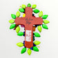 Ortega Family Folk Art Cross with colorful flowers, leaves, birds and butterflies. Cross base is a red color signed back