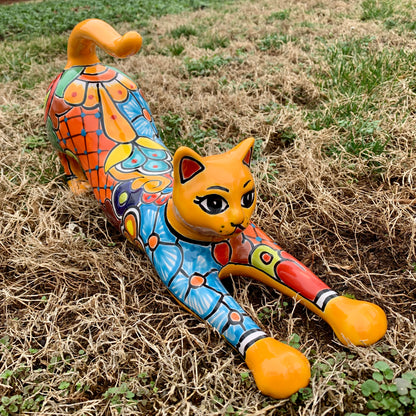 Mexican Talavera Amarillo stretching kitty cat large