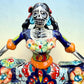 A colorful talavera Day of the Dead (Día de los Muertos) dancing skeleton ballerina figurine. The figurine features black hair in braids wearing a vibrant multicolor dress with floral patterns and orange accents, set against a light blue and beige gradient background. This is a close up of her face.