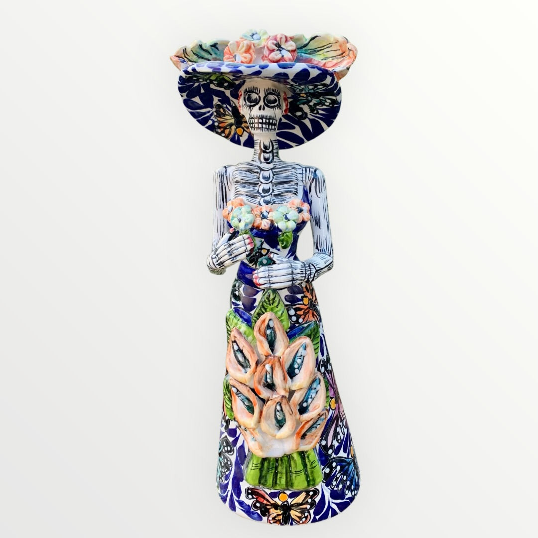 Mexican Talavera Catrina skeleton doll with Calla lilies and butterflies