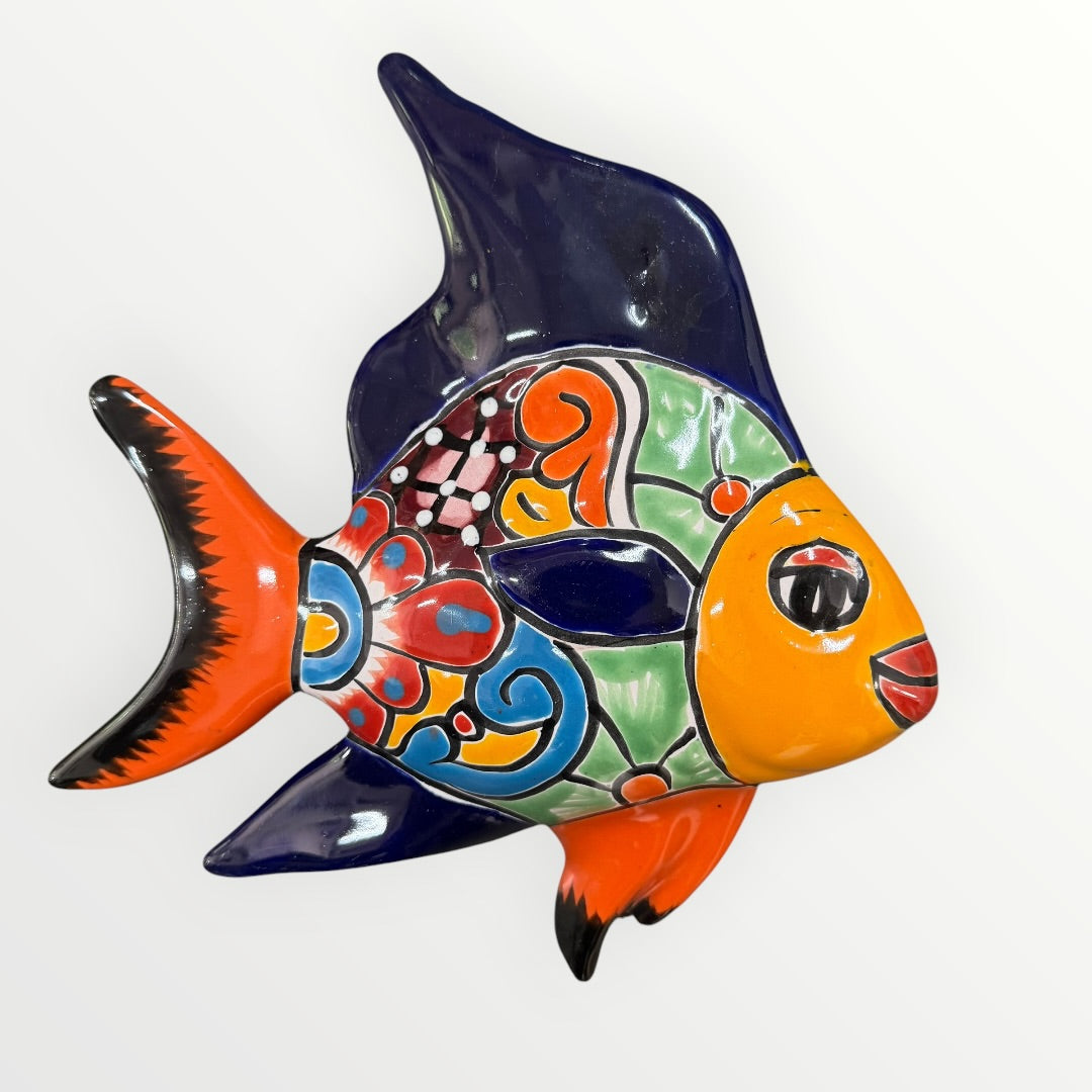 Colorful fish-shaped ceramic wall art on a white background medium fish