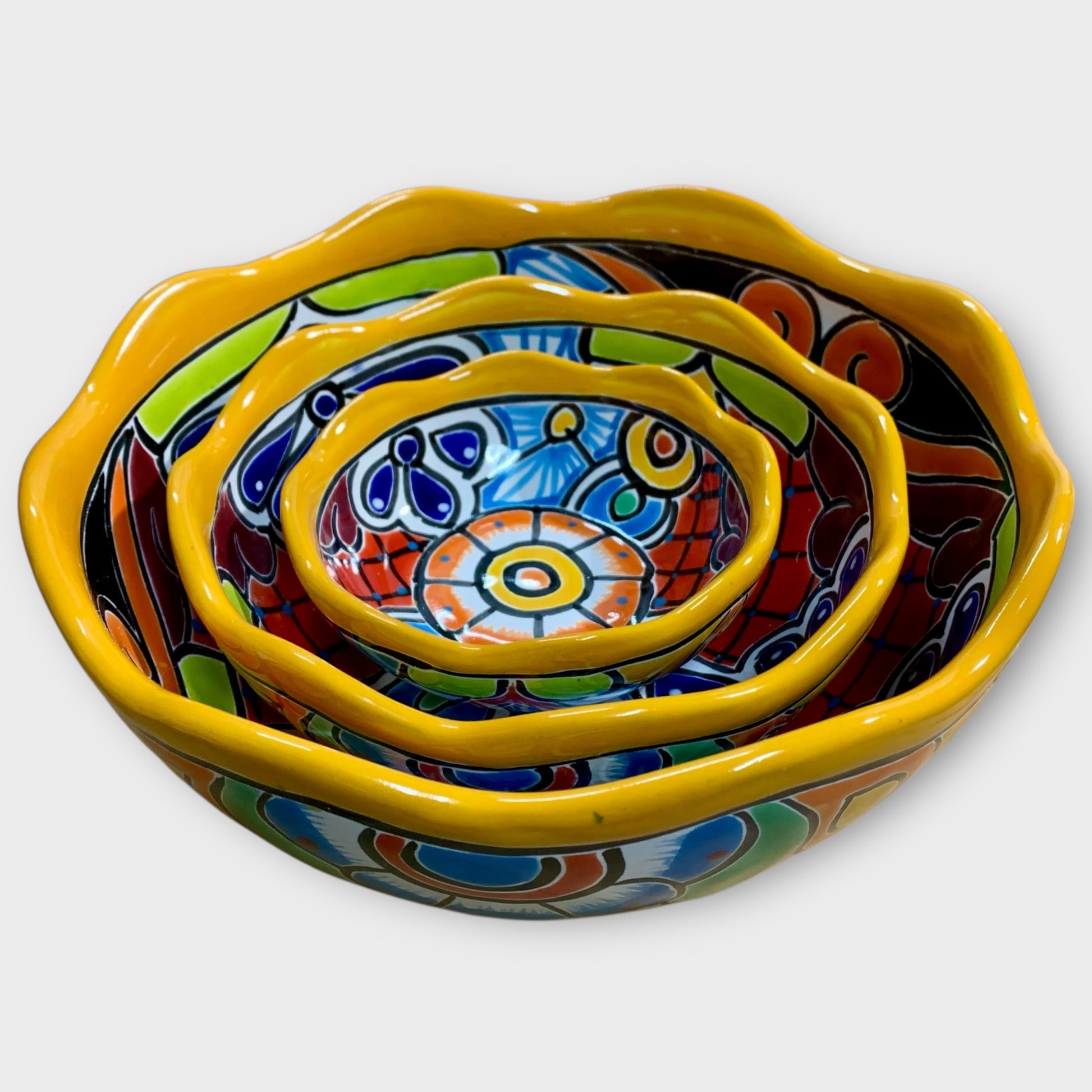 Mexican Talavera Nesting bowl set Amarillo side angle