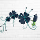 Decorative metal wall art with three blue flowers and a colorful hummingbird on a white brick background back view
