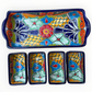A red ceramic four-compartment serving tray with hand-painted talavera designs in blue, orange, green, and yellow on a white background, top view with sections.