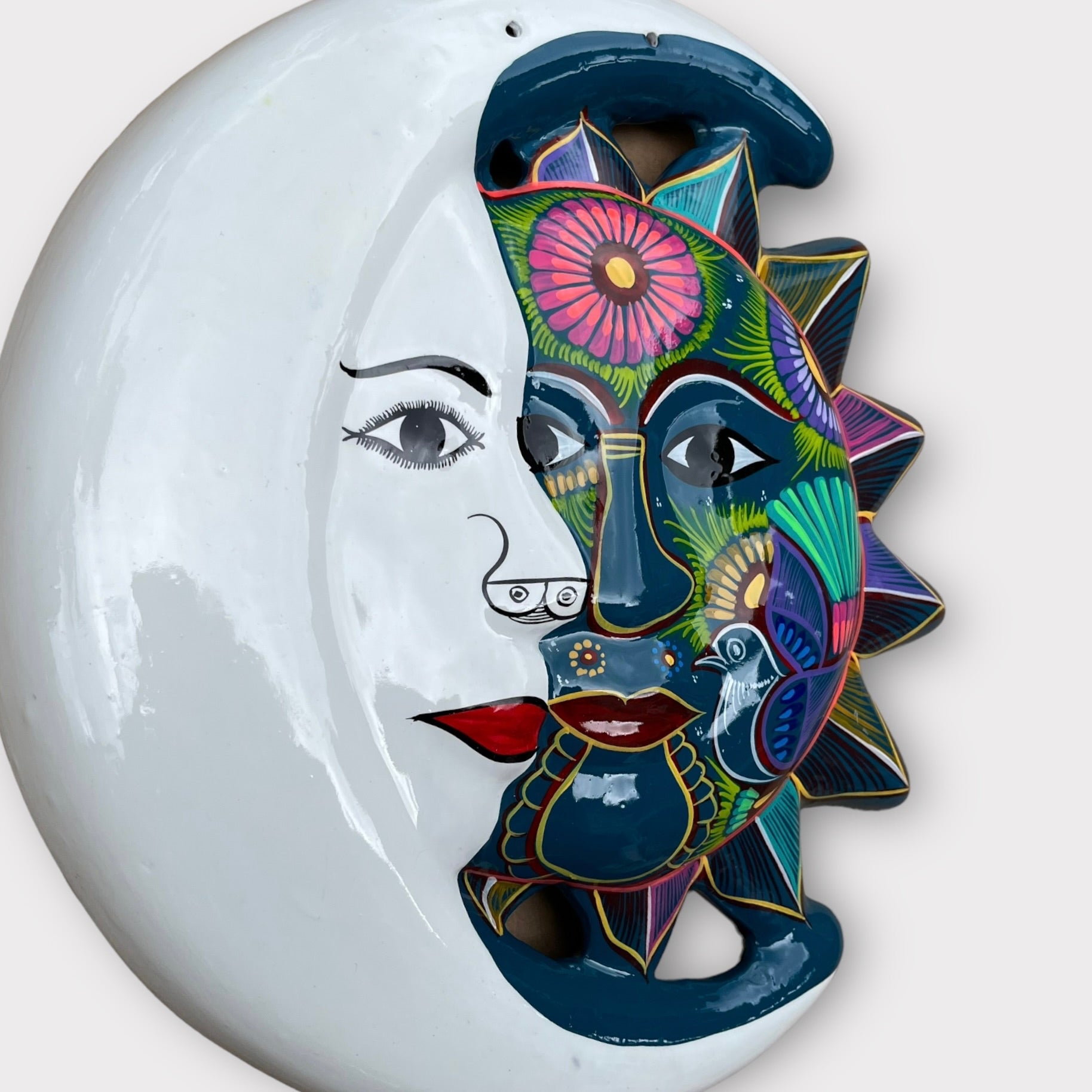 folk art mexican clay sun and moon eclipse moon side