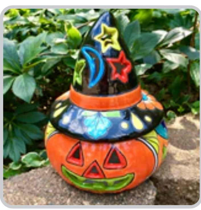 Mexican Talavera pumpkin with witch hat D