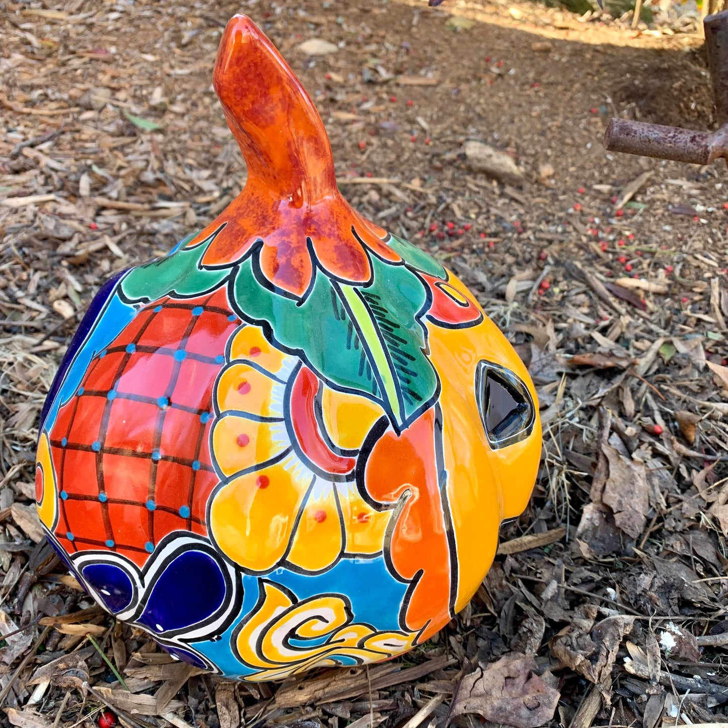 Mexican Talavera pottery pumpkin left side