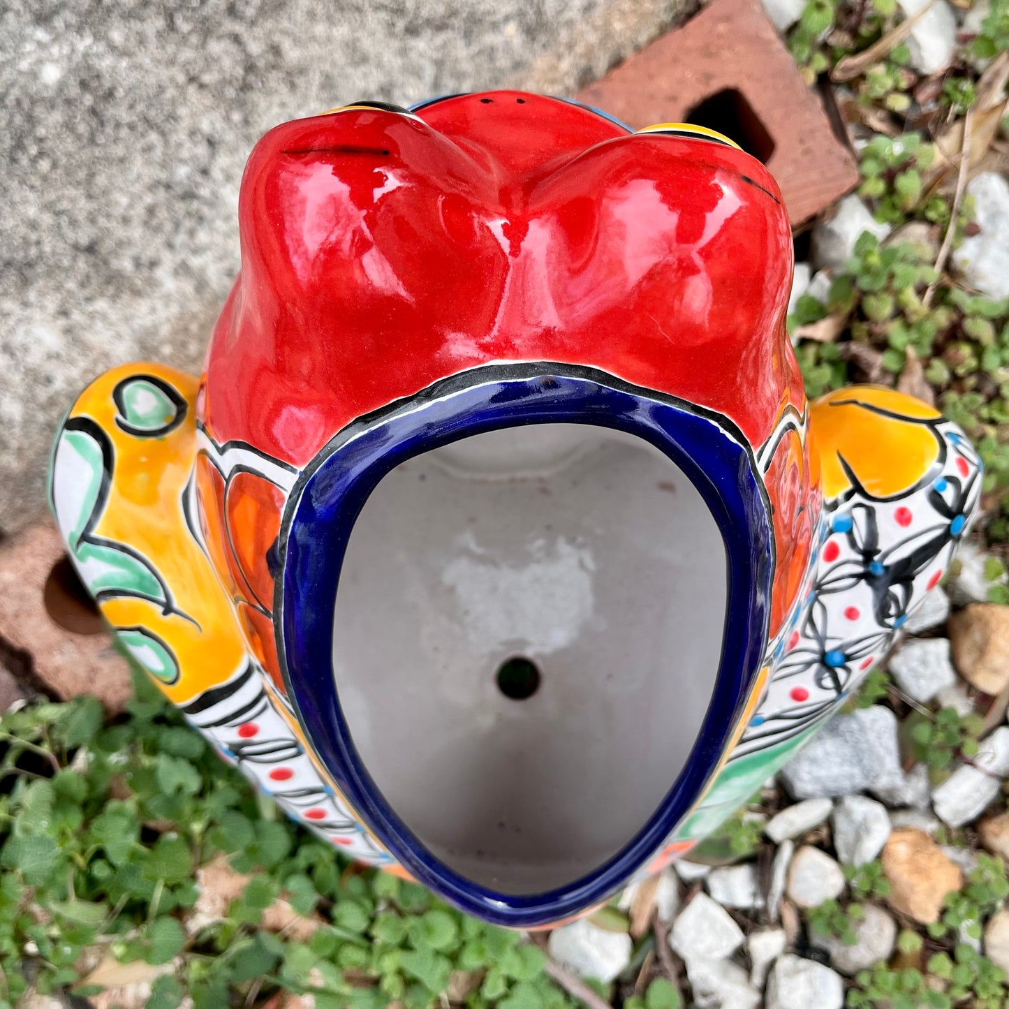 Mexican talavera frog planter top opening