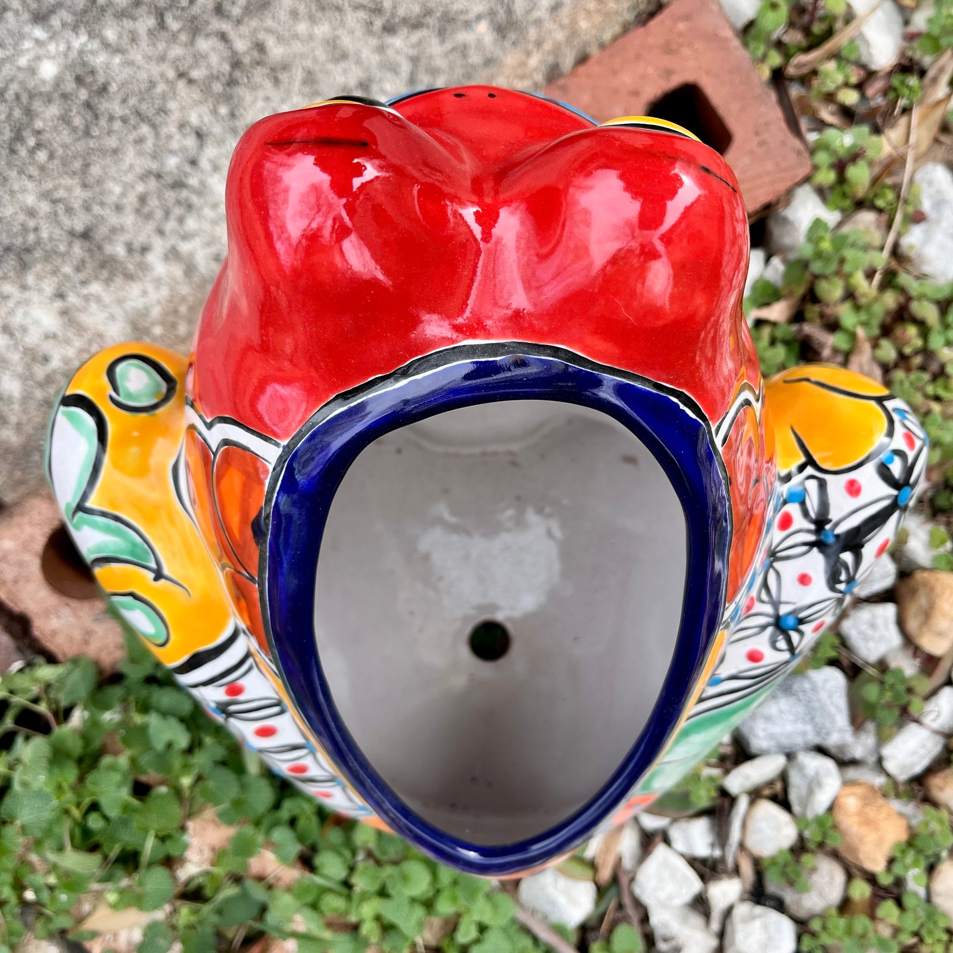 Mexican talavera frog planter top opening
