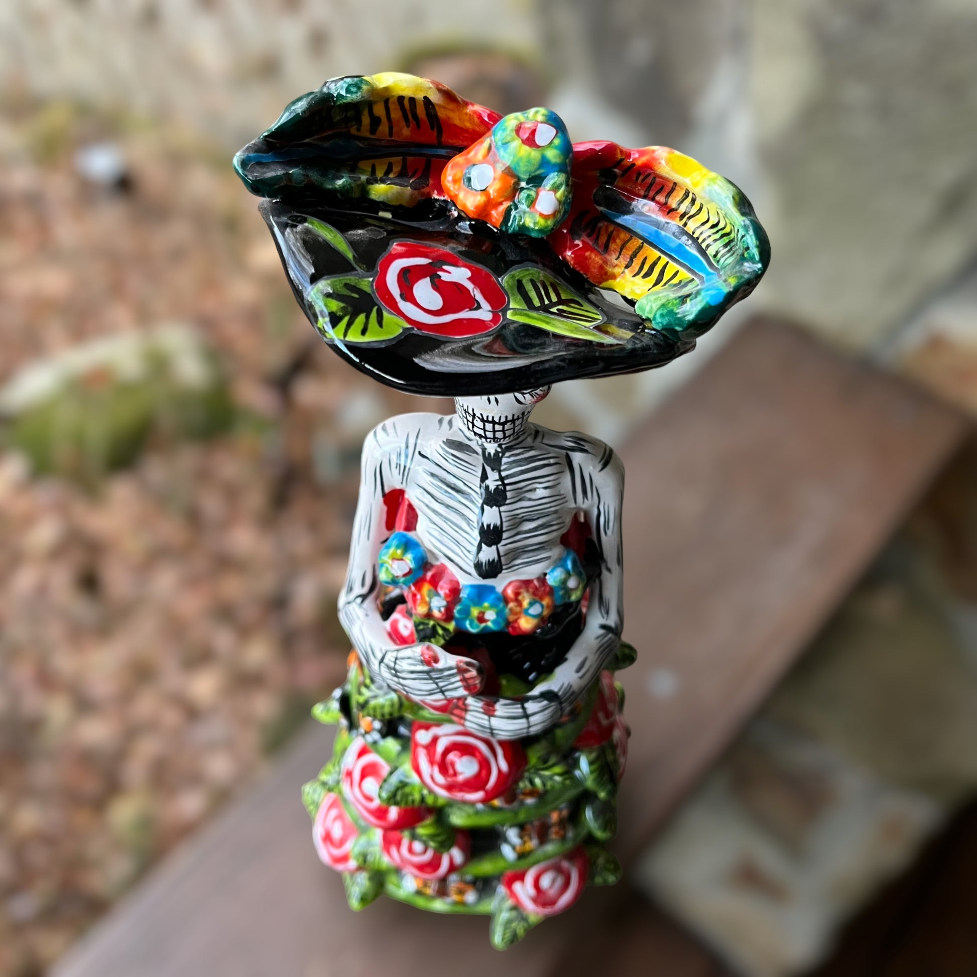Mexican Talavera Catrina Skelton Doll Rose Top