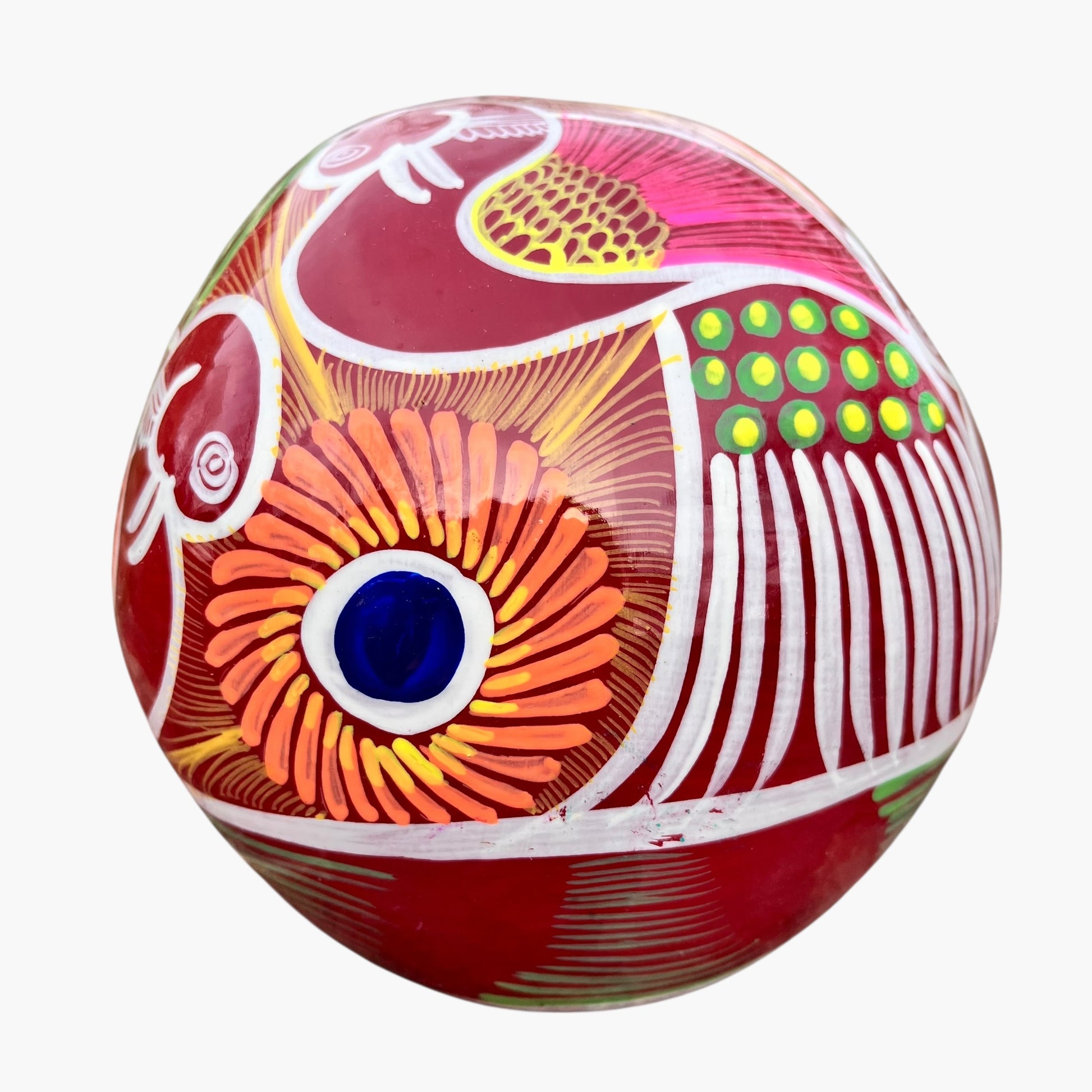 Red day of the dead sugar is called put multicolored designs back view