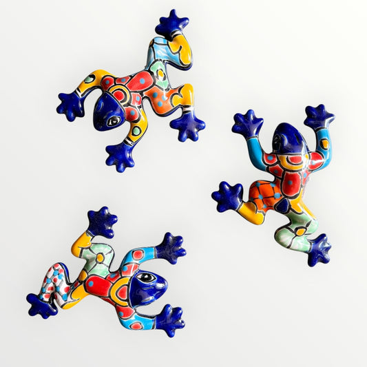 Set a three mini Mexican Talavera wall frogs blue with colorful design designs
