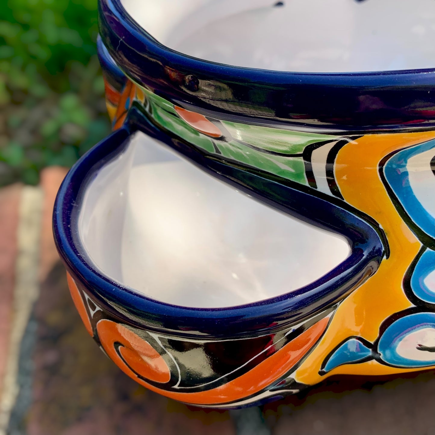 Mexican Talavera strawberry planting pot in Azul Cobalt blue side pocket