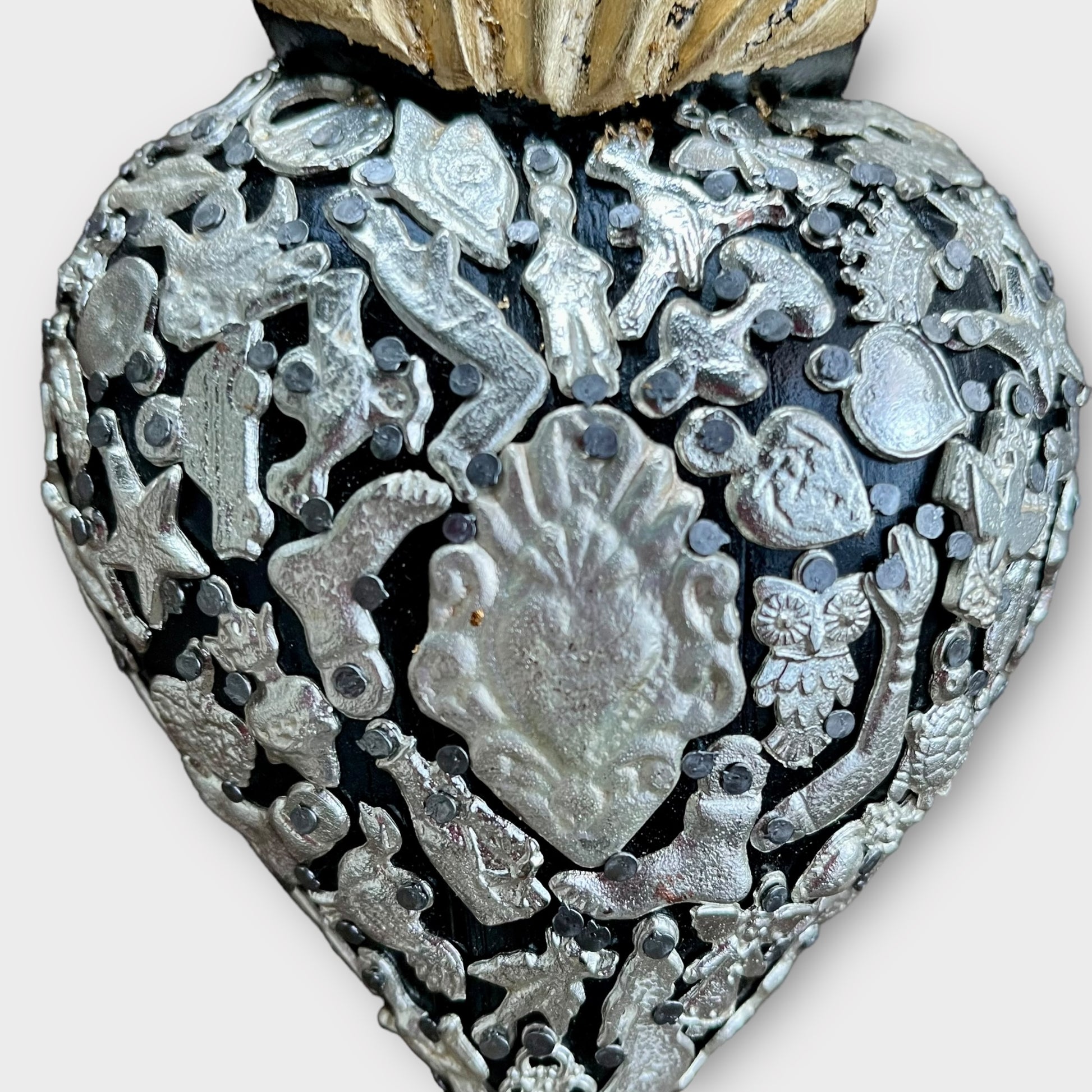Mexican Wood Milagros charm Heart Corazon close up