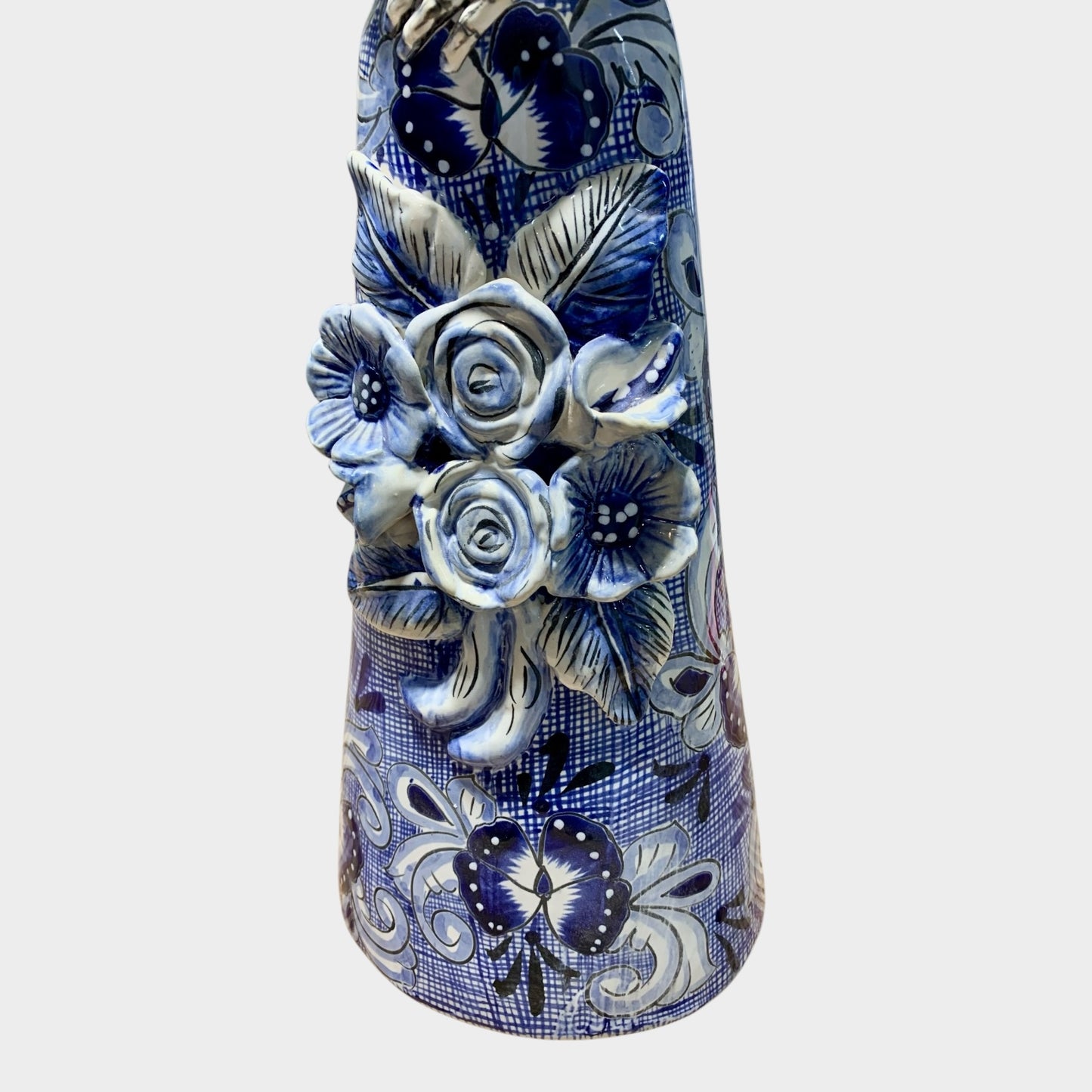 Mexican Talavera Frida, and animal friends Catrina doll blue and white Floral dress detail 