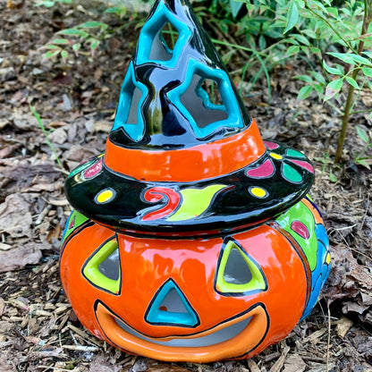 Talavera witchy pumpkin JOL wearing witch hat two 