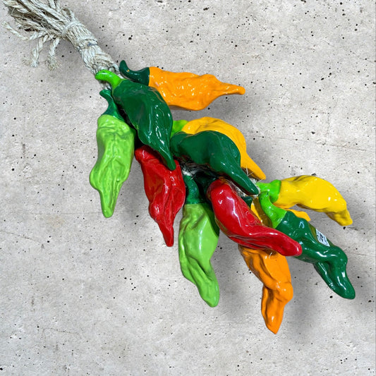 Multicolor poblano chili peppers on a string ceramic