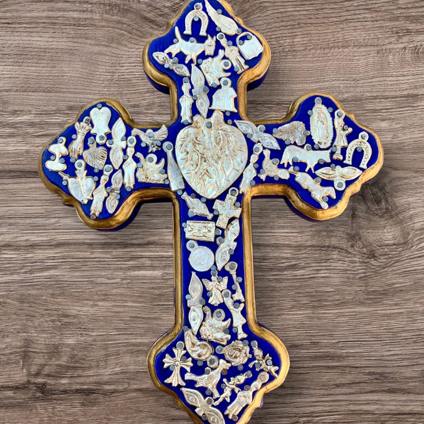 Milagros decorated wood cross Azul Blue