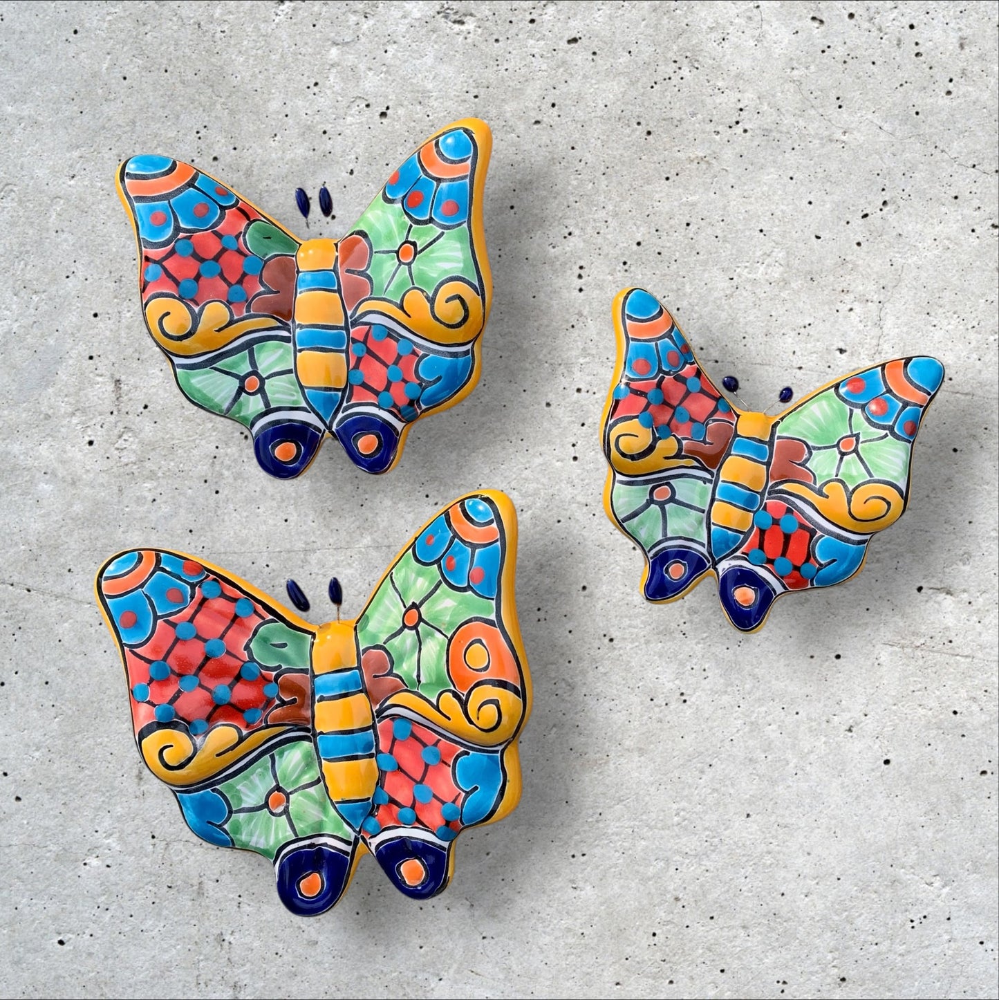Hand painted Mexican Talavera butterfly wall set of three pieces