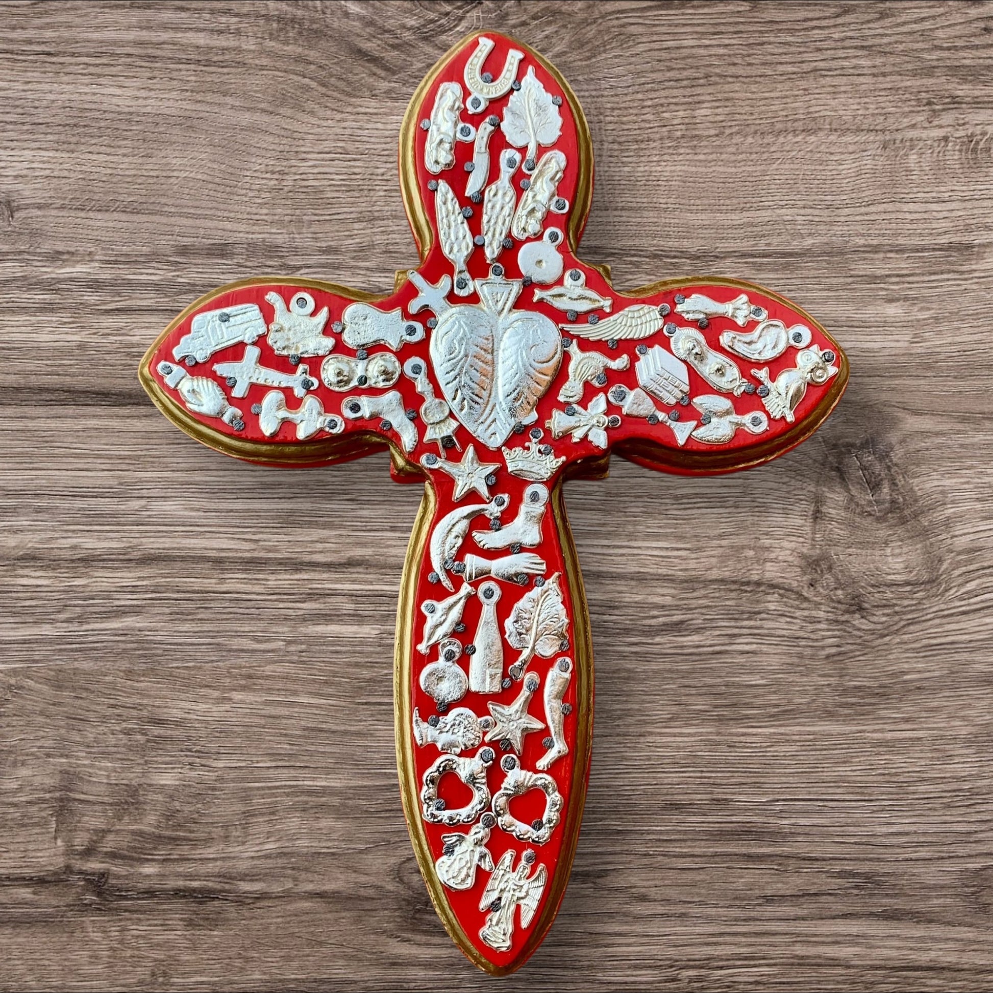 Milagros decorated wood cross red rojo