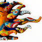 A colorful hand-painted Talavera ceramic sun wall sculpture with big wavy rays on a plain white background, close-up of wavy rays.