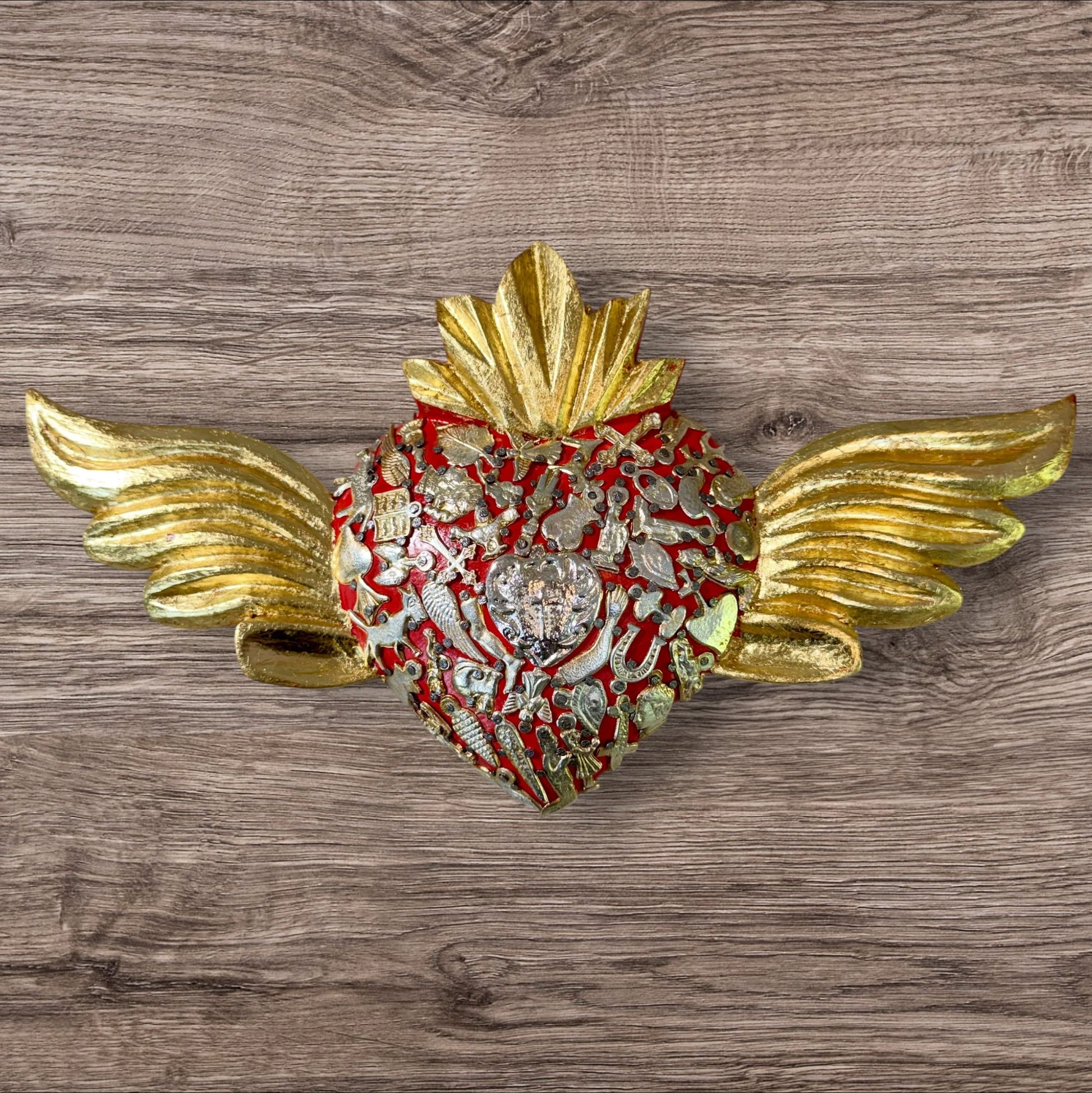Winged Mexican Milagros Sacred Heart wood wall art Center