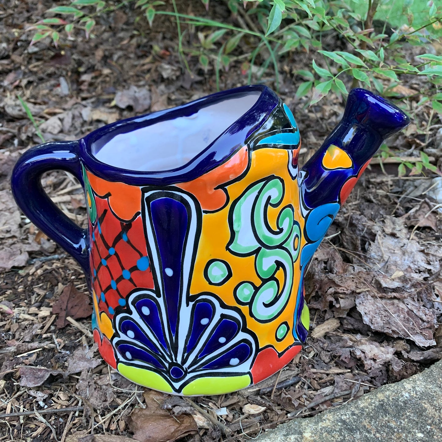 Mexican Talavera watering can planting pot blue one