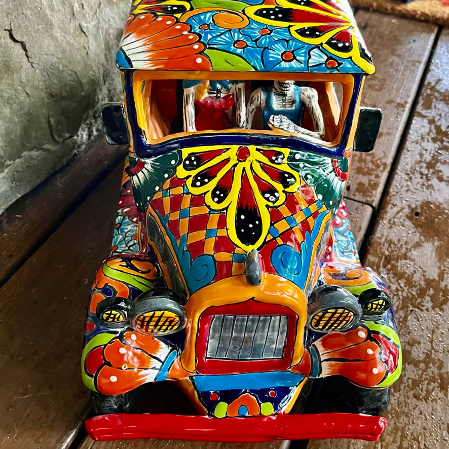 mexican talavera pick up truck with catrina skeltons front