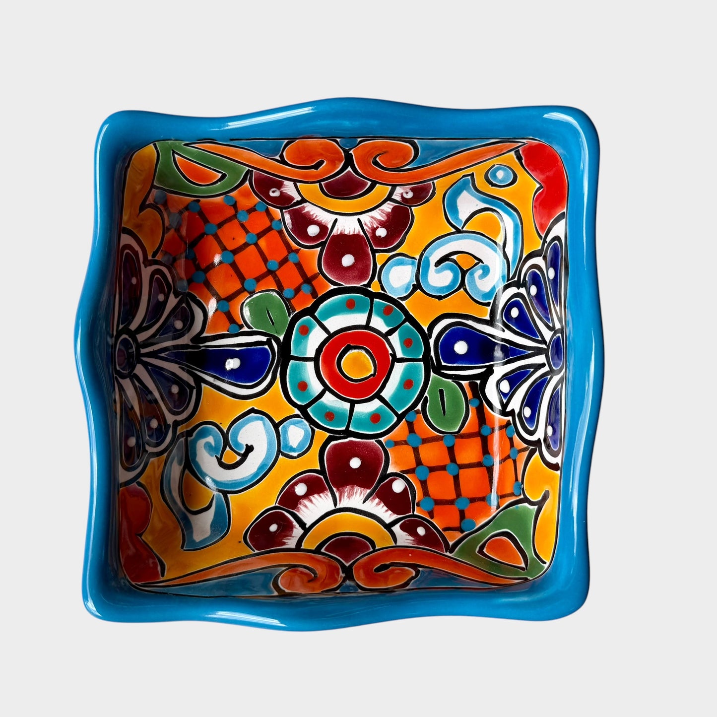 Three colorful talavera square nesting bowls with intricate patterns Medium