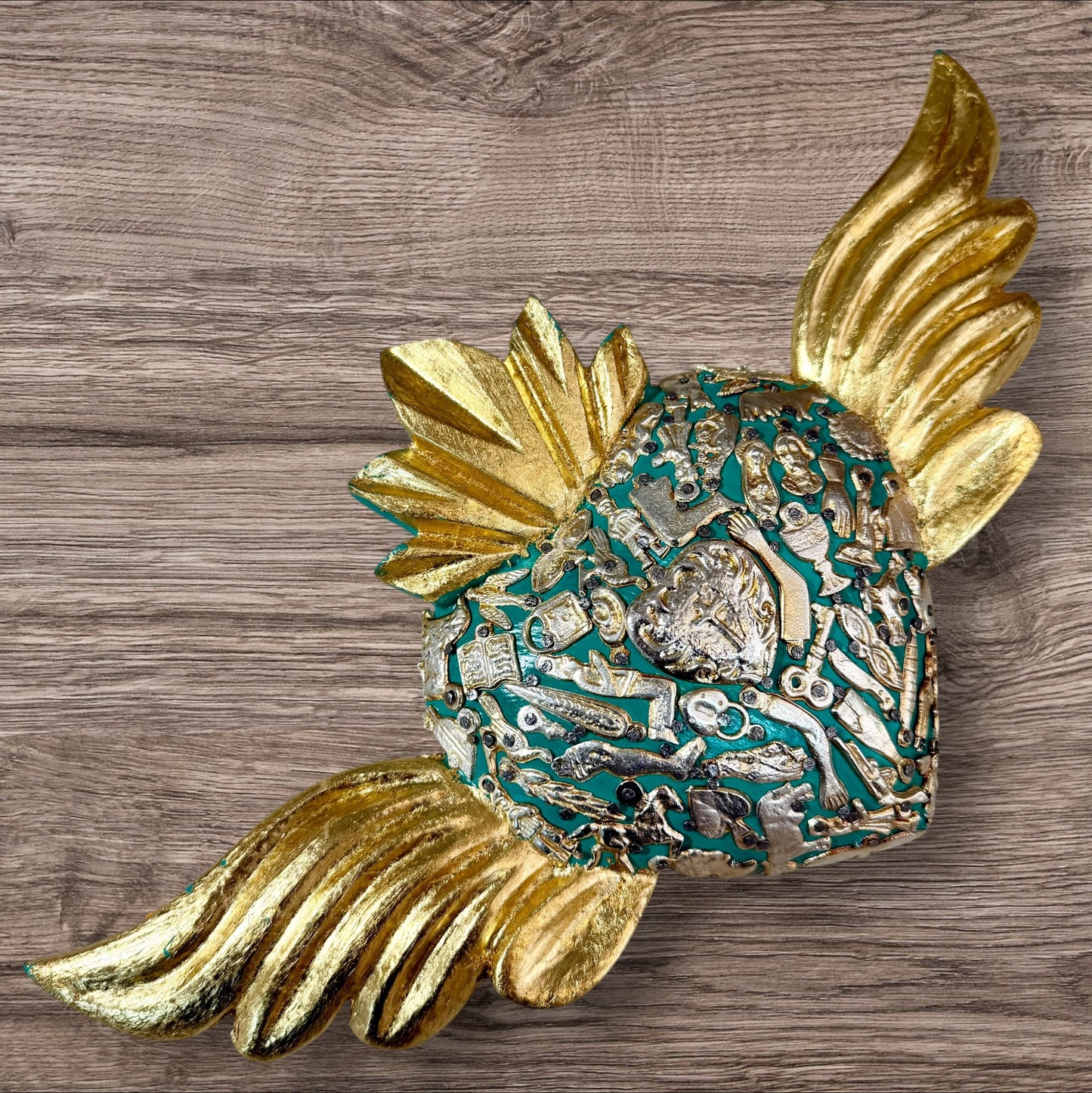 Winged Mexican Milagros Sacred Heart wood wall art
