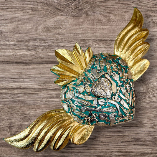 Winged Mexican Milagros Sacred Heart wood wall art