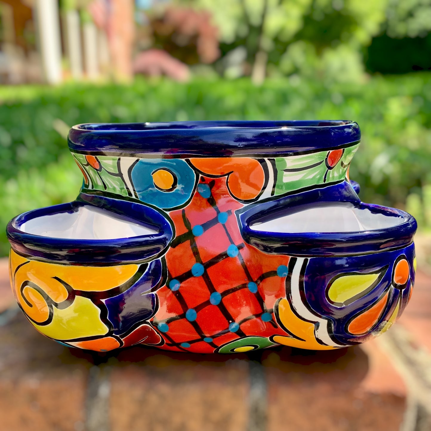 Mexican Talavera strawberry planting pot in Azul Cobalt blue Side two view