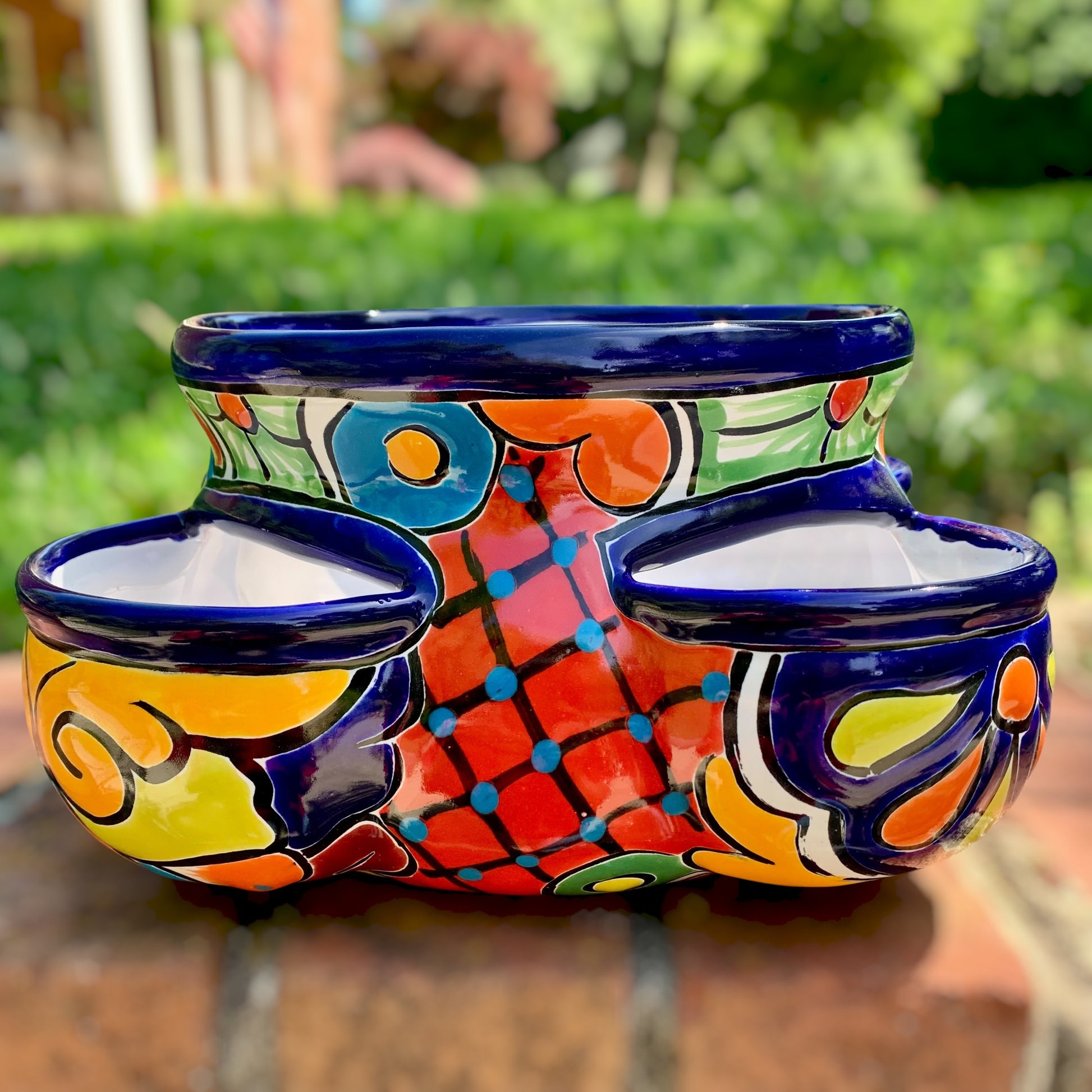 Mexican Talavera strawberry planting pot in Azul Cobalt blue Side two view